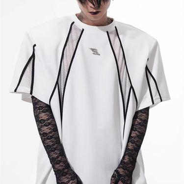 Niche Mesh Hollow Stitching Padded Shoulder Black T